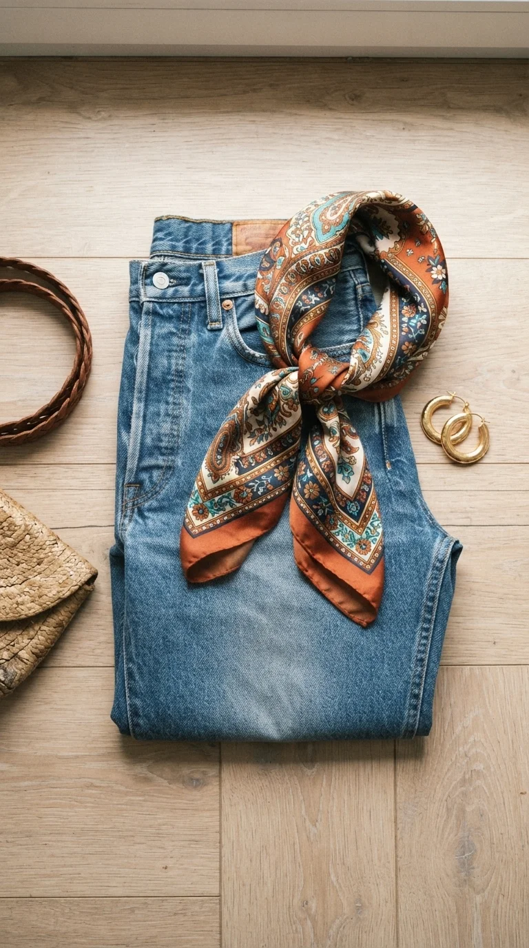 1. High-Waisted Denim and Silk Scarves