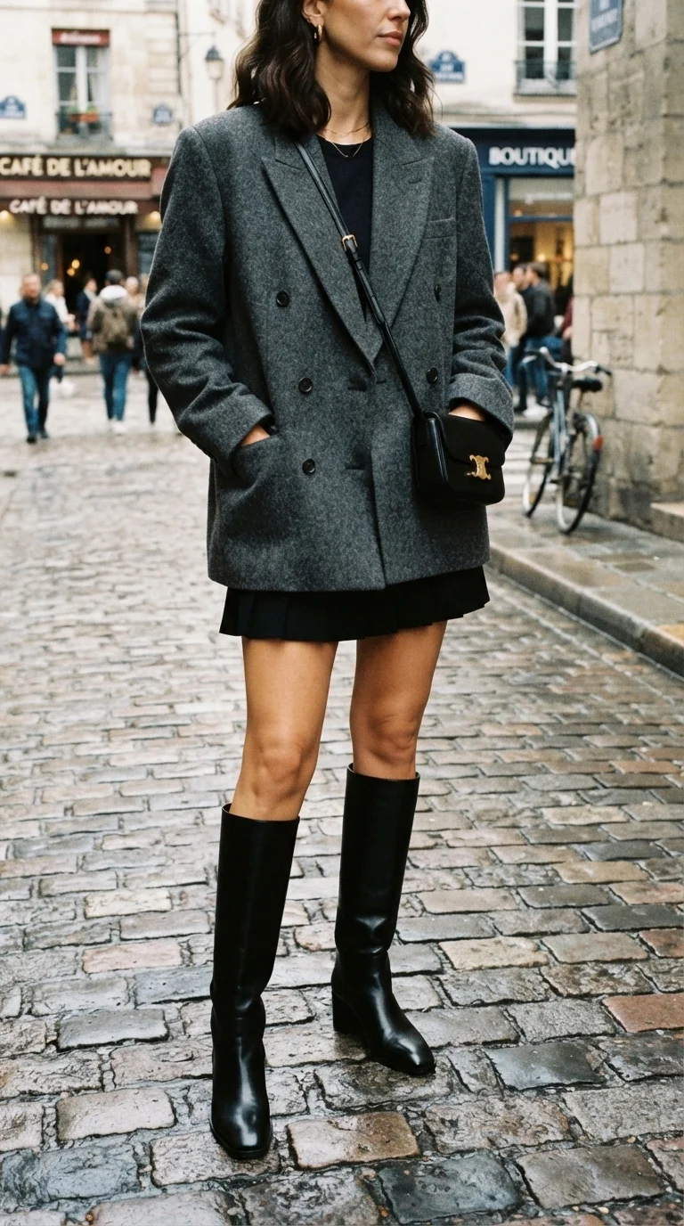 1. The Oversized Blazer & Knee-High Boot Combo