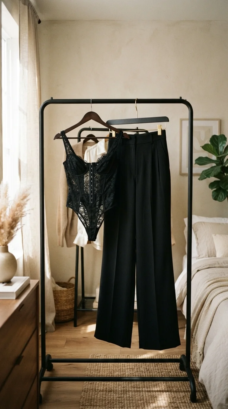 2. Sheer Lace Corset Bodysuit and Tailored Trousers