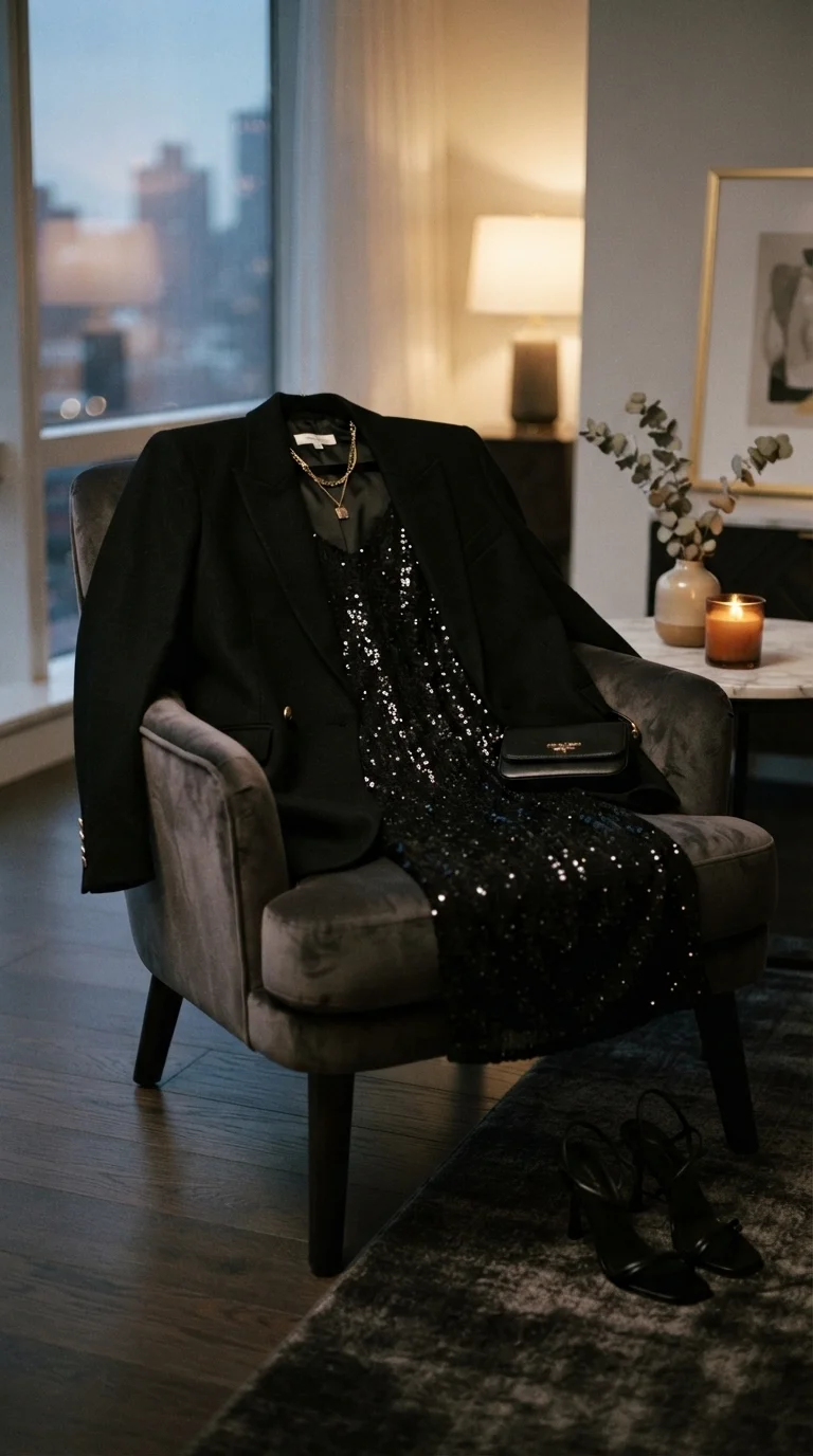 4. Sequined Slip Dress with Oversized Blazer