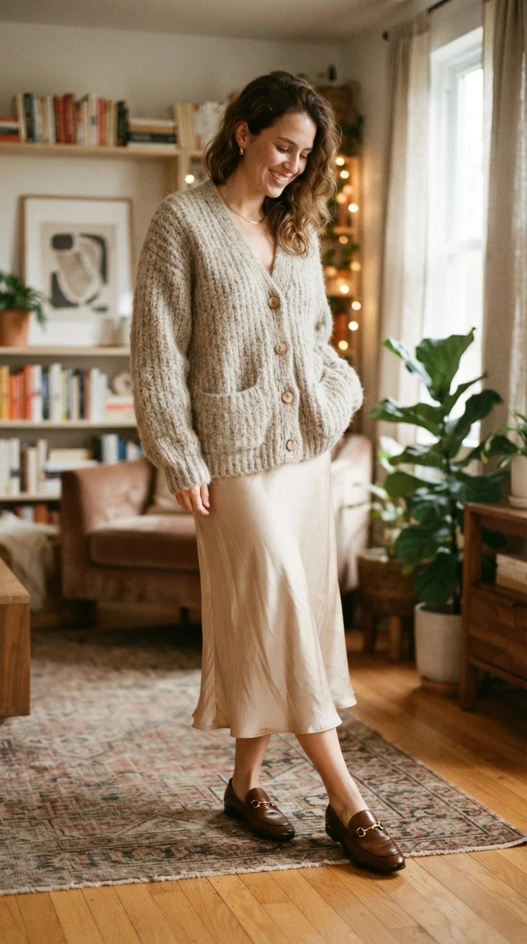 8. Cozy Cardigan and Silk Slip Skirt