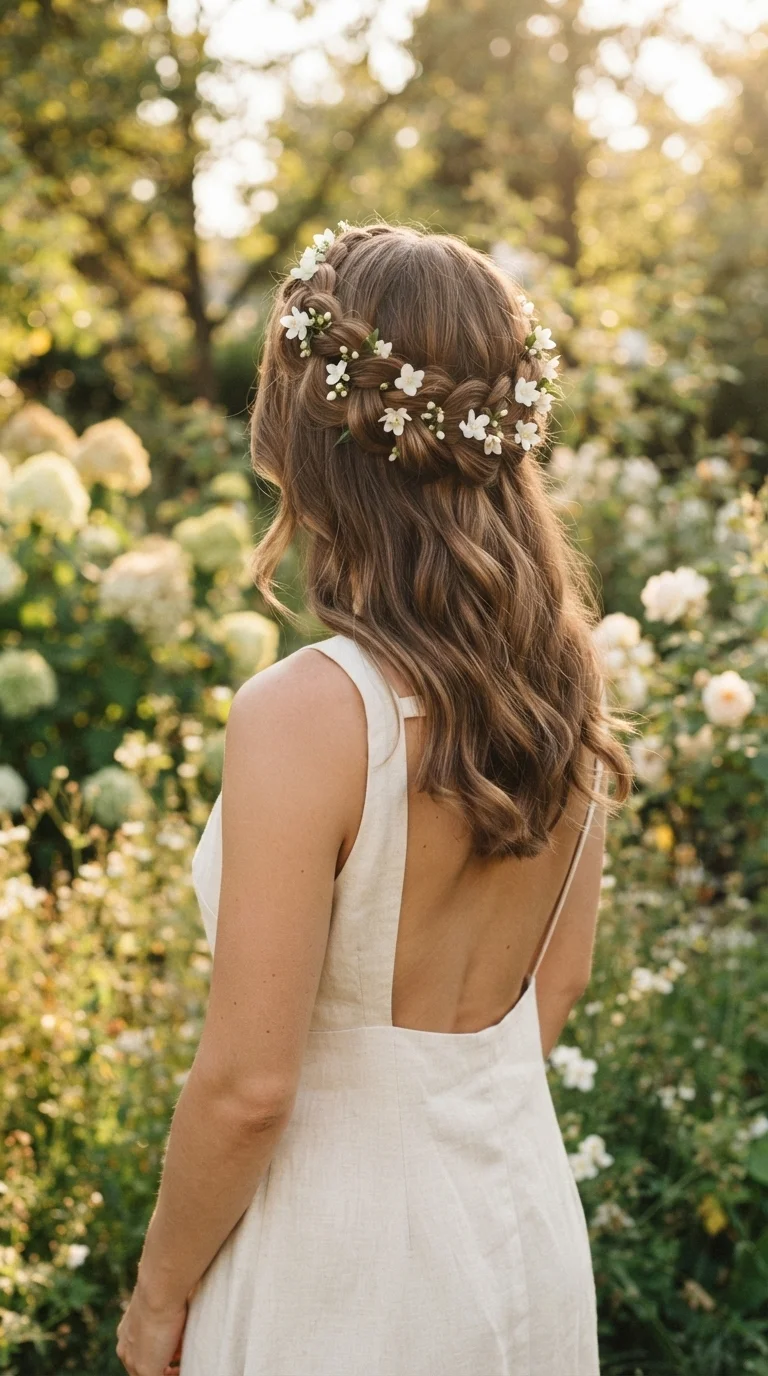 2. Crown Braid with Floral Accents