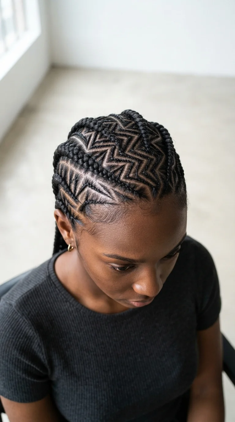 2. Intricate Zig-Zag Parting Cornrows