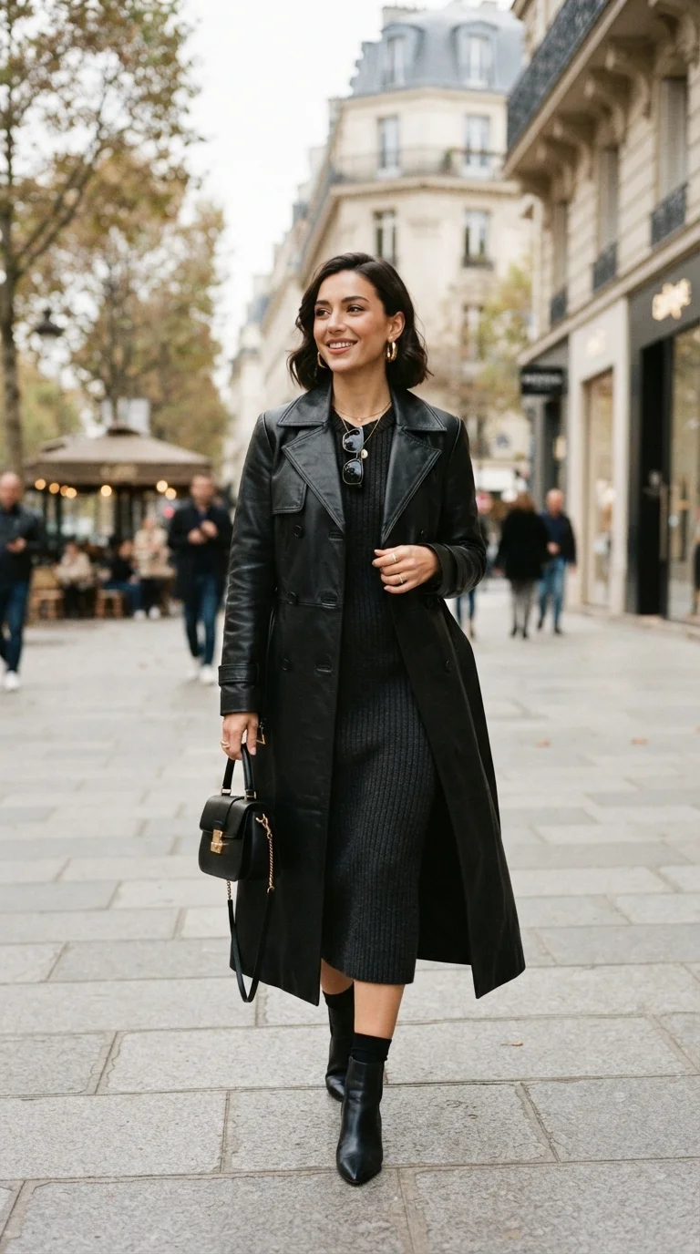 2. Leather Trench and Knit Midi