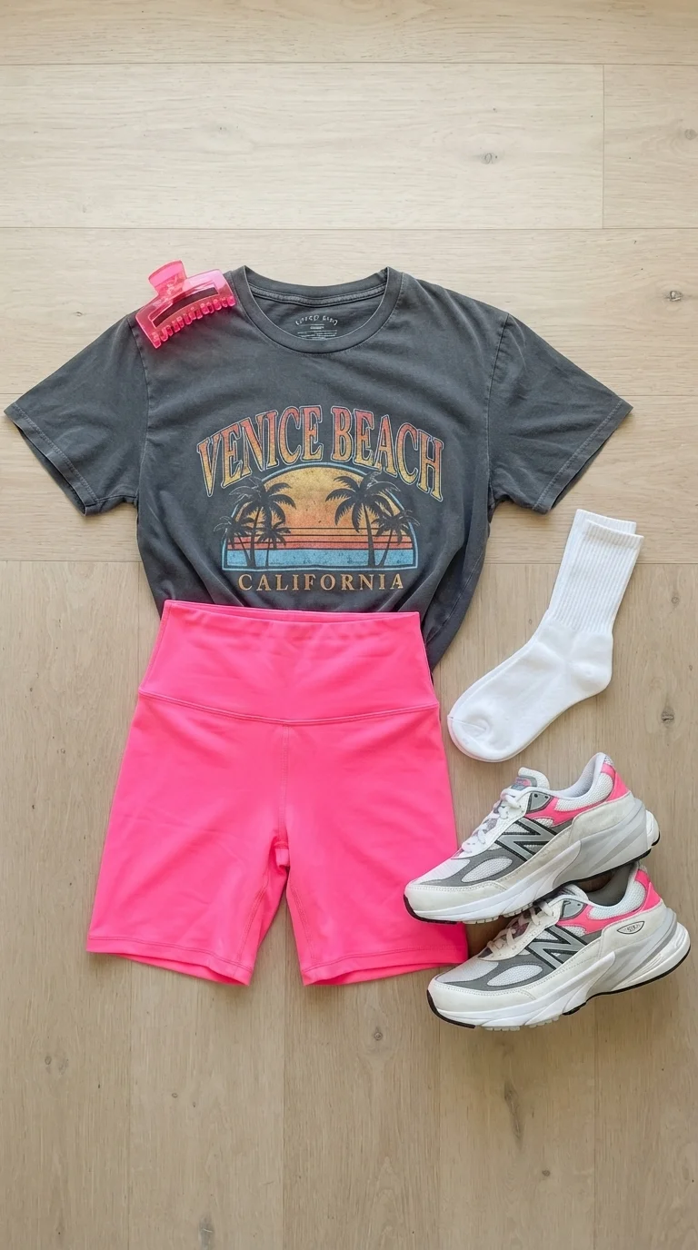 2. Neon Pink Biker Shorts and Graphic Tee
