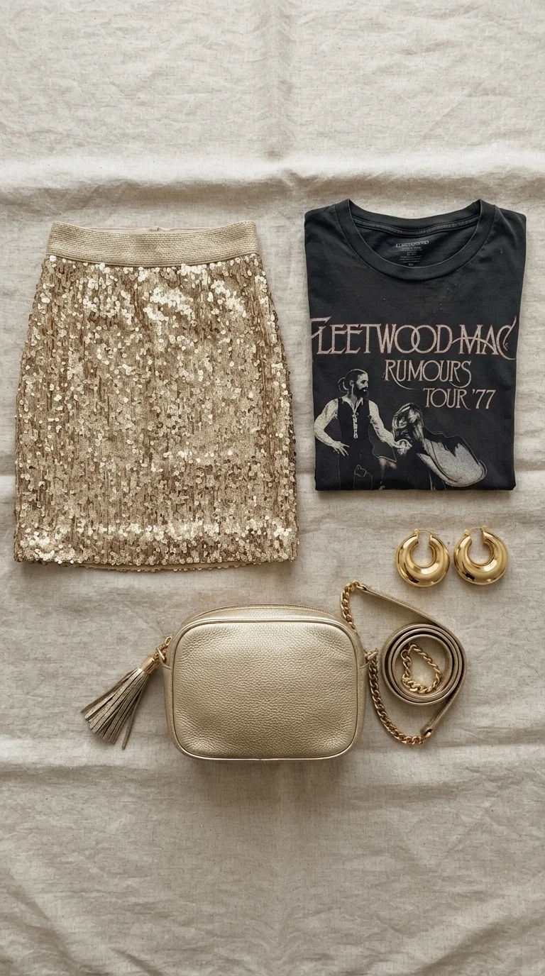 2. Sequin Mini Skirt and Oversized Graphic Tee