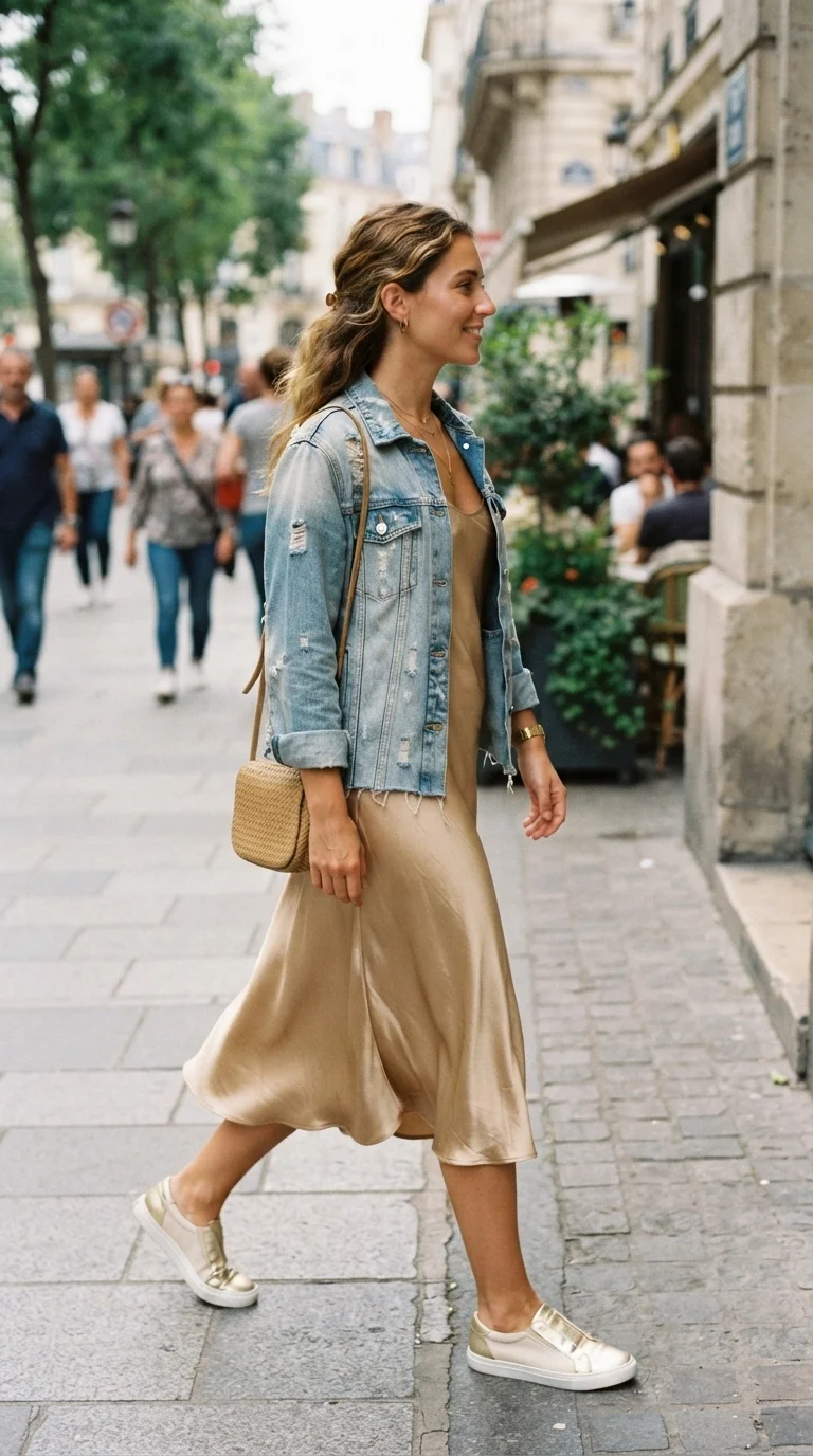 3. Gold Satin Slip Dress with a Denim Jacket