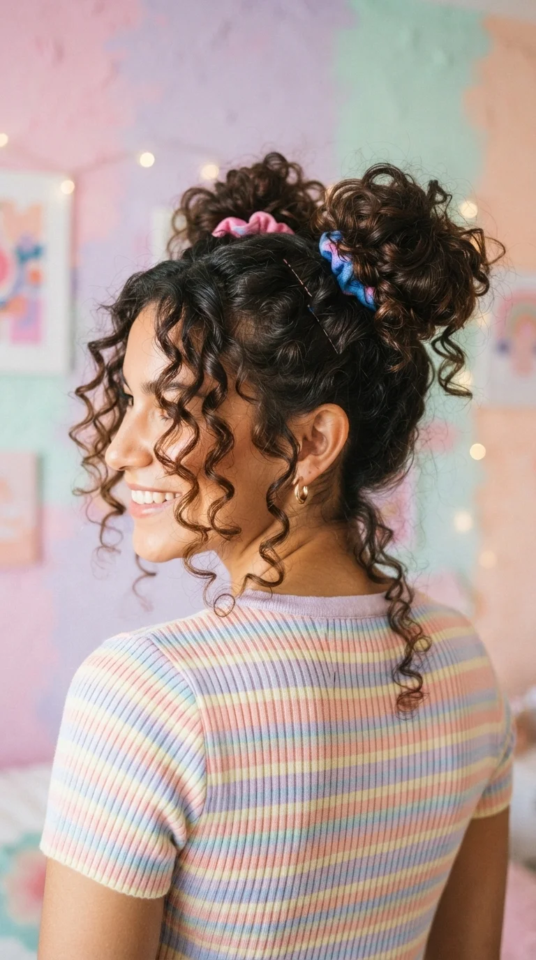 4. Messy Space Buns with Face-Framing Tendrils