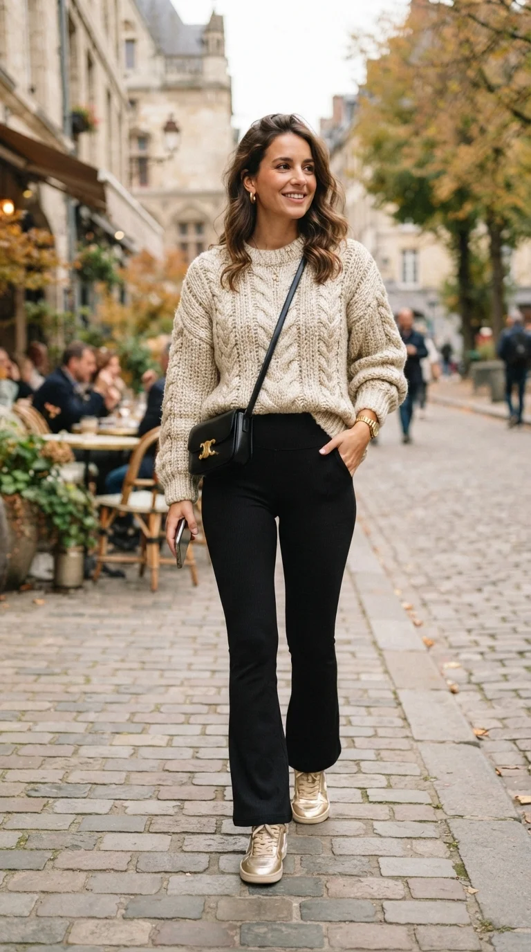 5. Layered Gold Knit Sweater and Flare Leggings