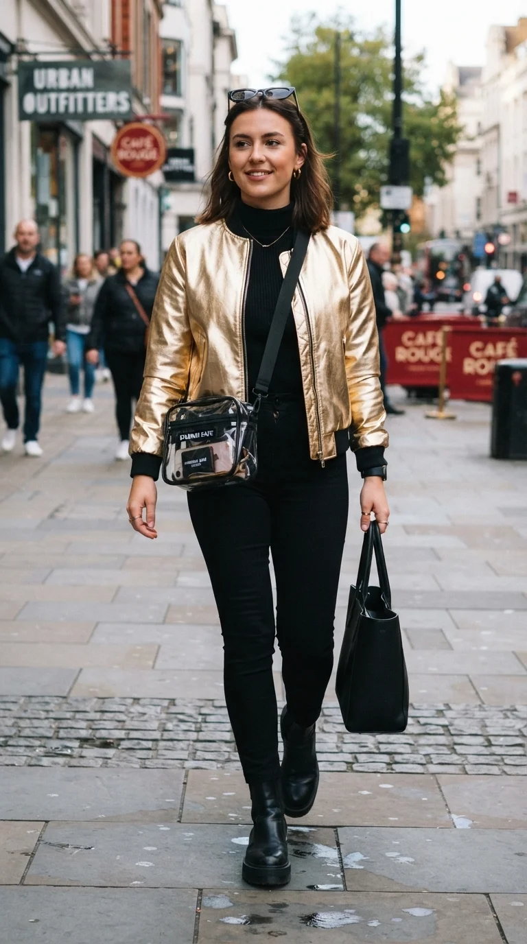 6. Gold Bomber Jacket Statement Piece