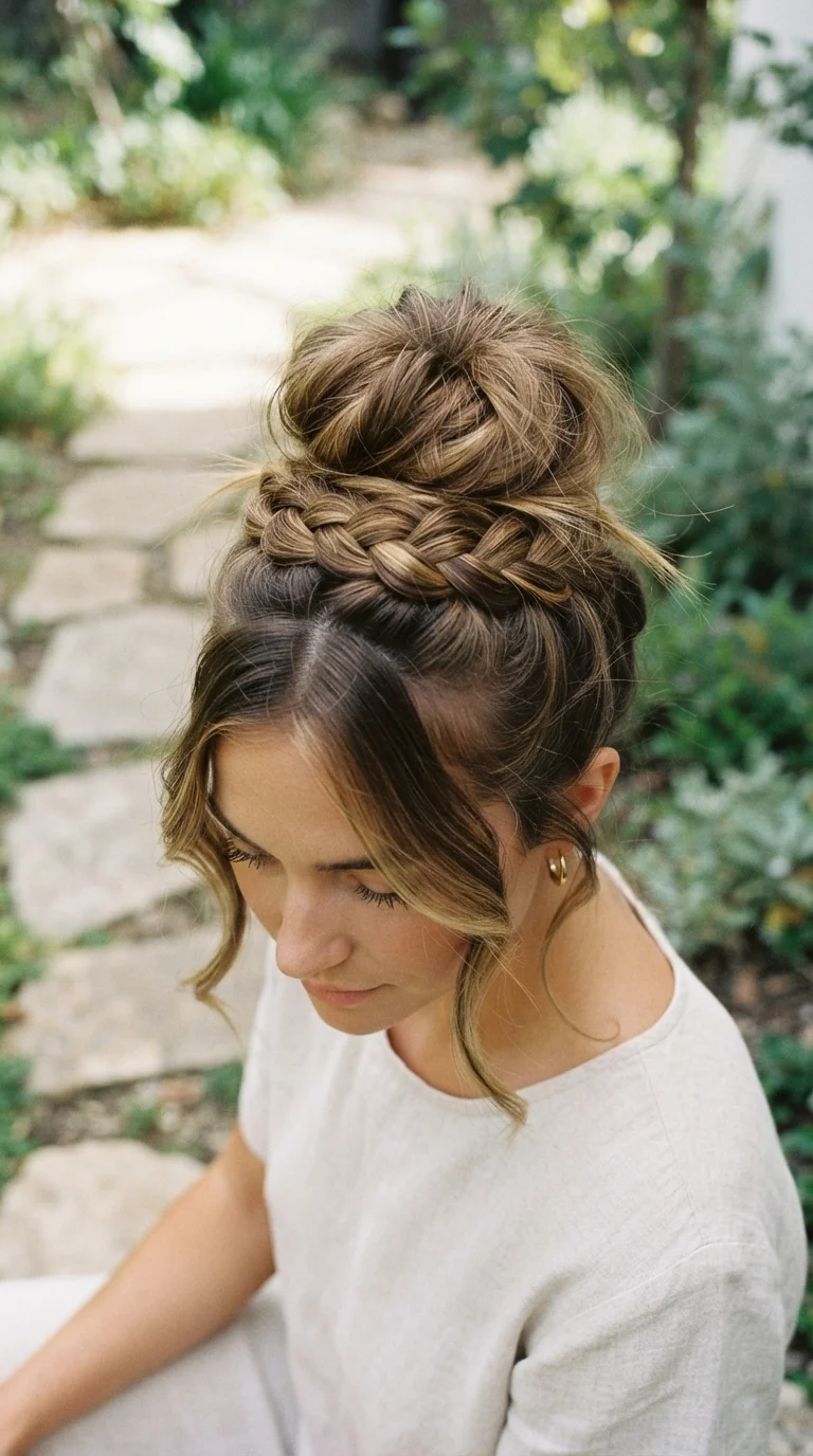 7. The Messy Top Knot with Braided Base