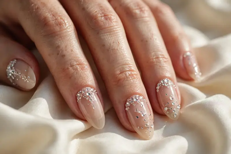 Cuticle constellation bedazzled nails with clear crystals clustered along cuticles on sheer nude almond nails