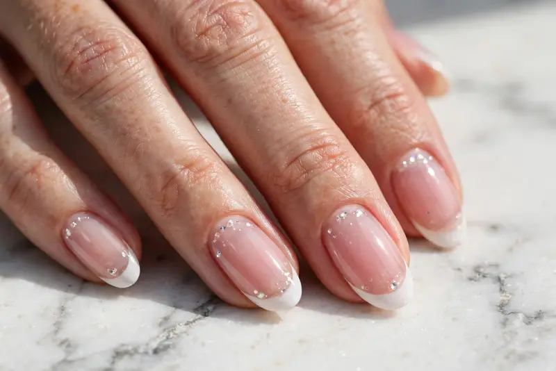 Encapsulated ice French bedazzled nails with tiny crystals sealed under glossy clear gel