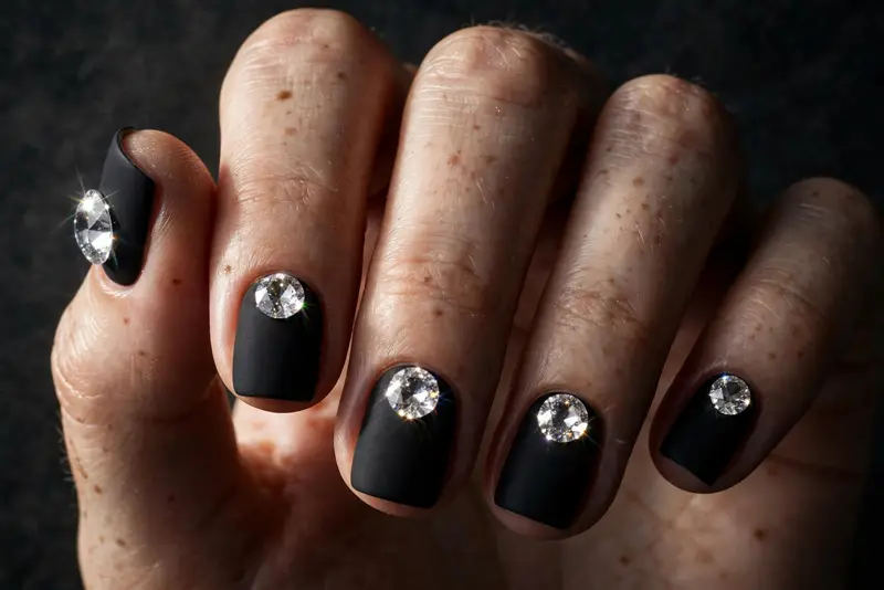 Single stone statement bedazzled nails with one large crystal on matte black square nails
