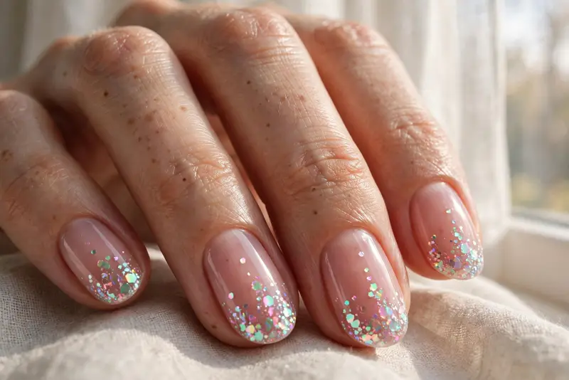 Aurora opal shimmer bedazzled nails with iridescent crystals on sheer rose oval nails