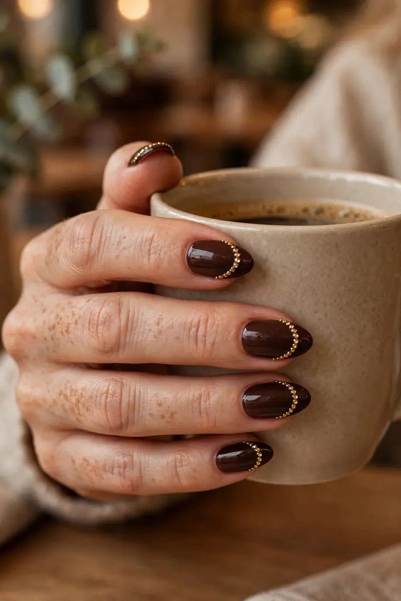 Gilded smile line bedazzled nails with gold rhinestones tracing the French tip on dark chocolate almond nails