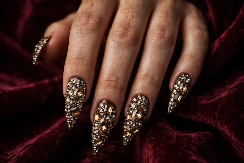 Mosaic cluster bedazzled nails with mixed-cut champagne and topaz crystals on espresso stiletto nails