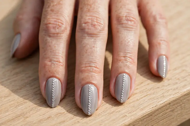 Center-line crystal trail bedazzled nails with a vertical crystal line on soft gray almond nails