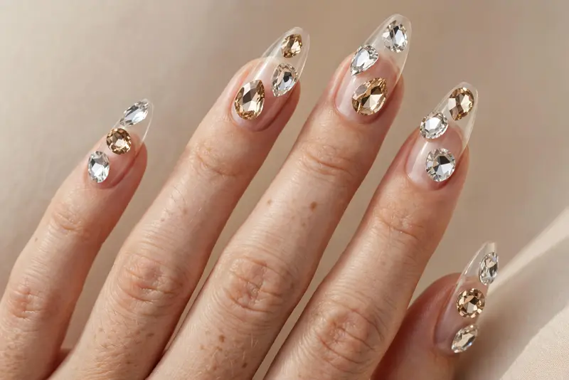 Floating gems bedazzled nails with dimensional crystals on bare negative space almond nails