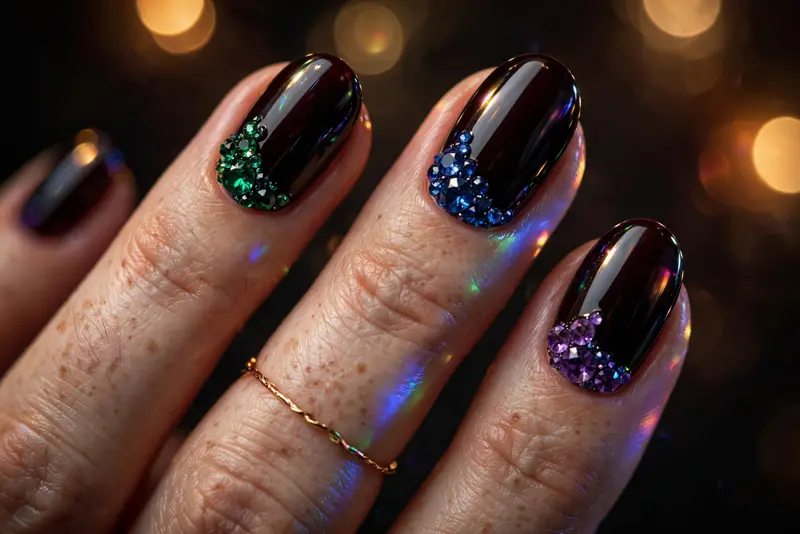 Jewel-tone stones bedazzled nails with emerald sapphire and amethyst crystals on black cherry oval nails
