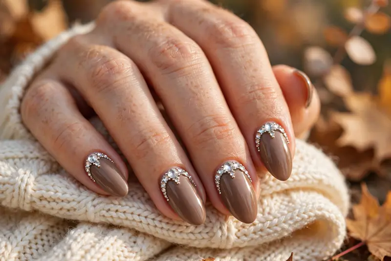 Half-moon crystal arch bedazzled nails with crystals following the cuticle on warm taupe almond nails