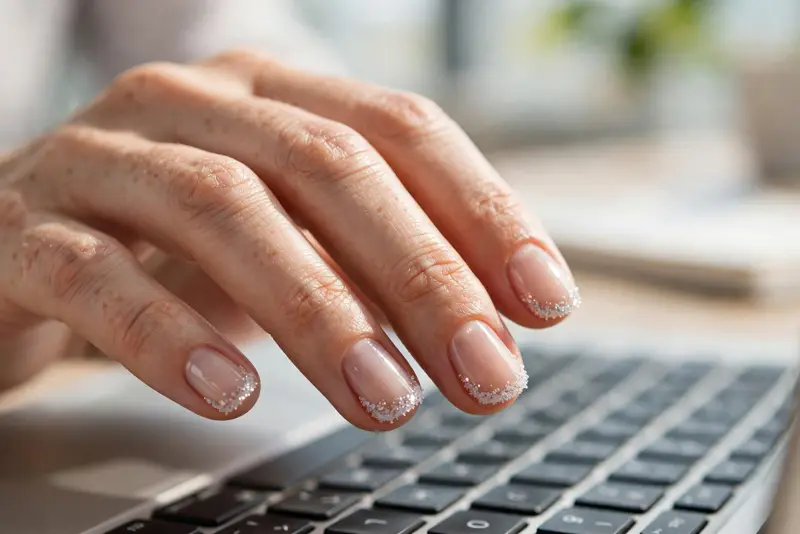 Micro-crystal tips bedazzled nails with frost-like crystal tips on short round nude nails