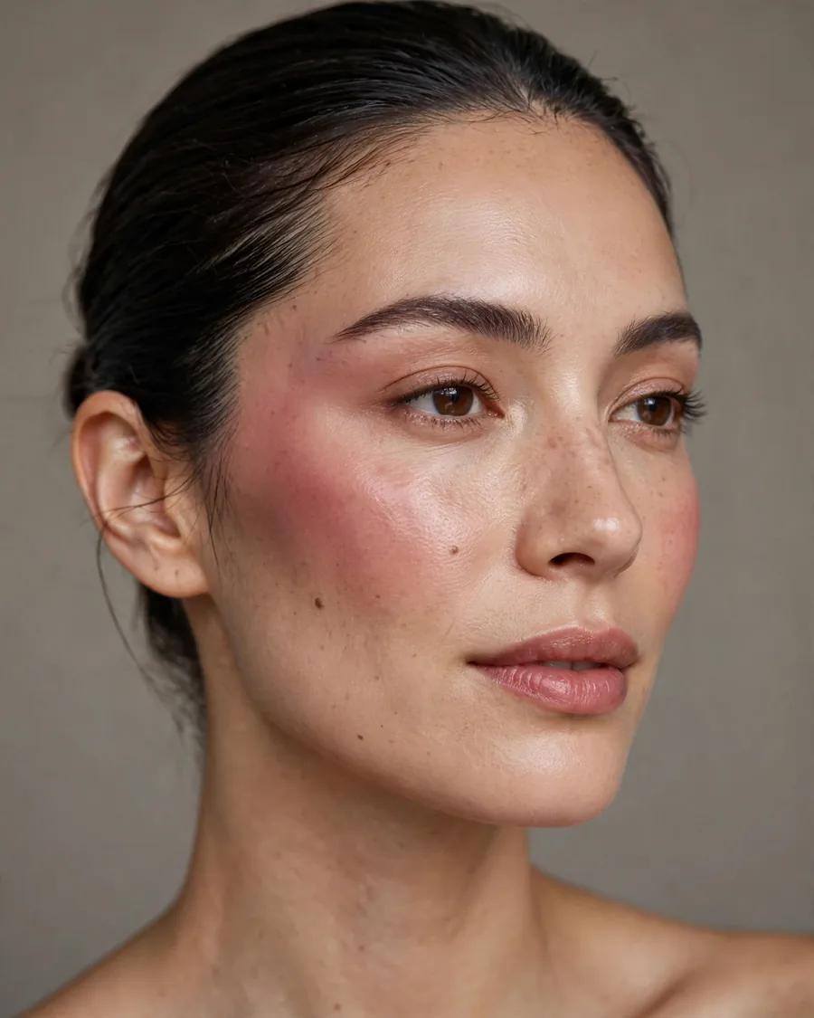 Draped berry blush makeup in muted raspberry swept from cheekbone to temple