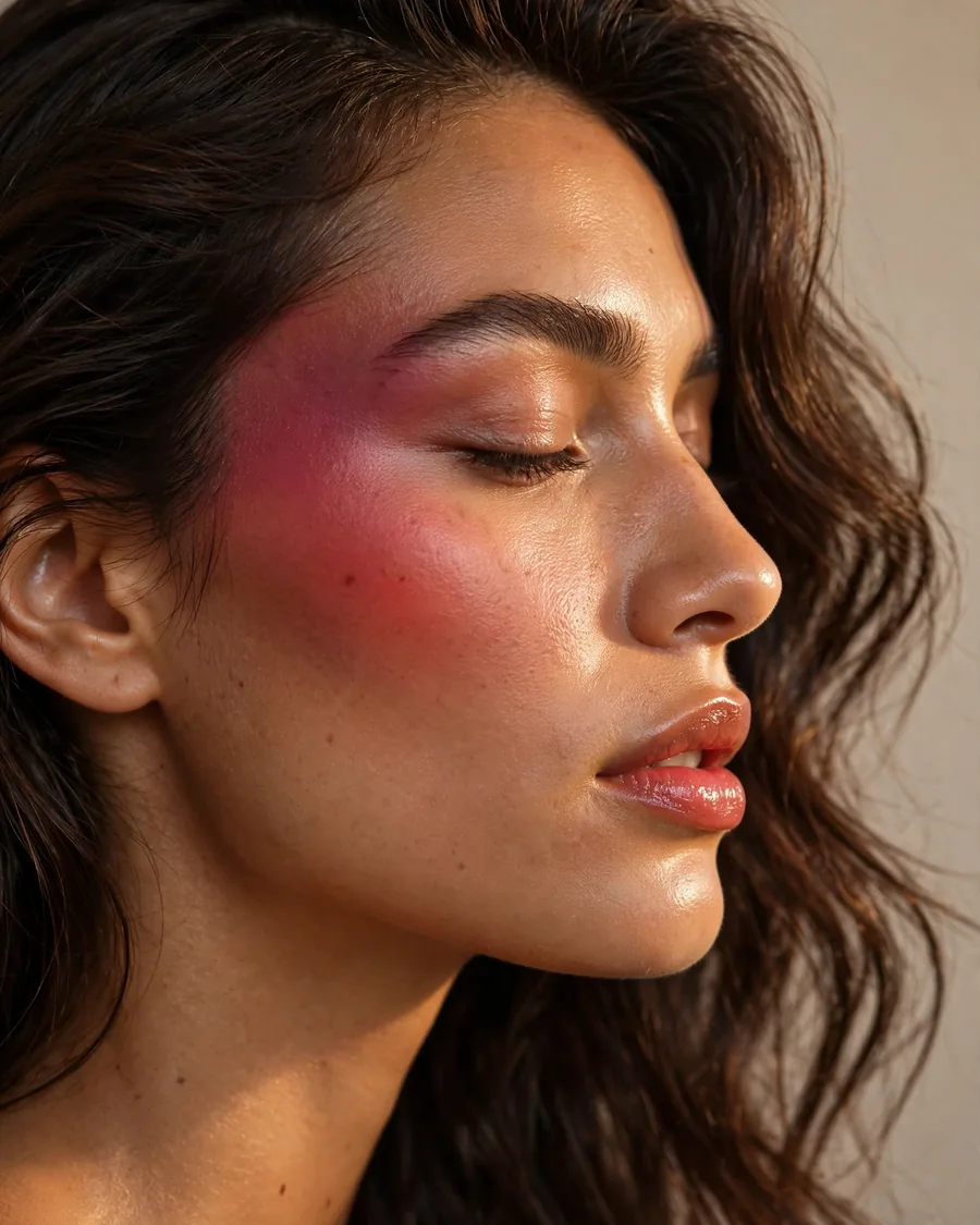 Sunset blush gradient with berry tone near temple melting into warm coral on cheek