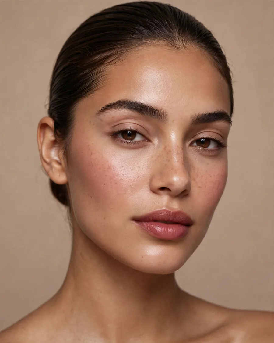 Berry blush underpainting glowing beneath sheer foundation on high cheeks