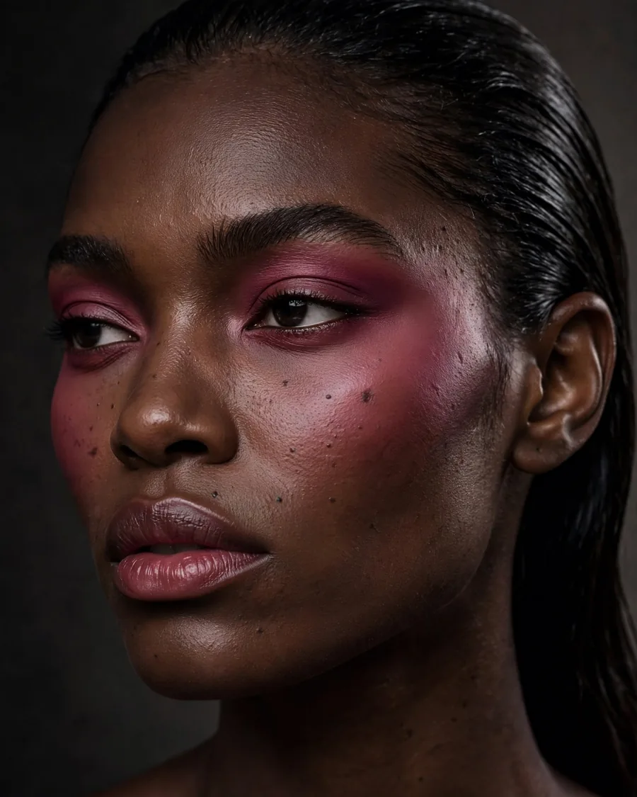 Monochromatic berry makeup with satin blush, berry eyeshadow and bitten berry lips