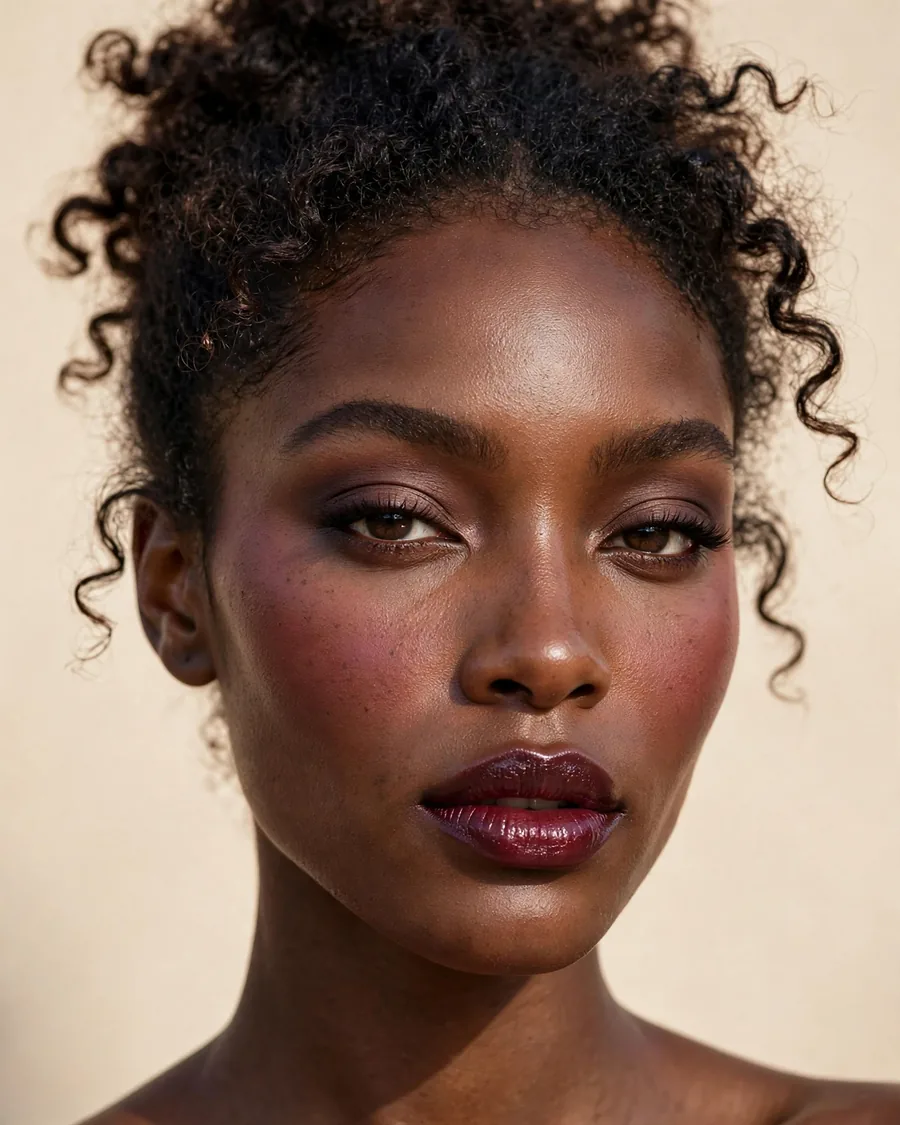 Rich blackberry-plum blush on deep skin with glossy berry lips