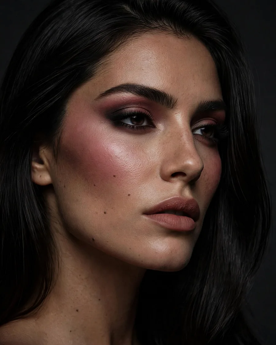 Matte berry powder blush with soft smoky eye makeup look
