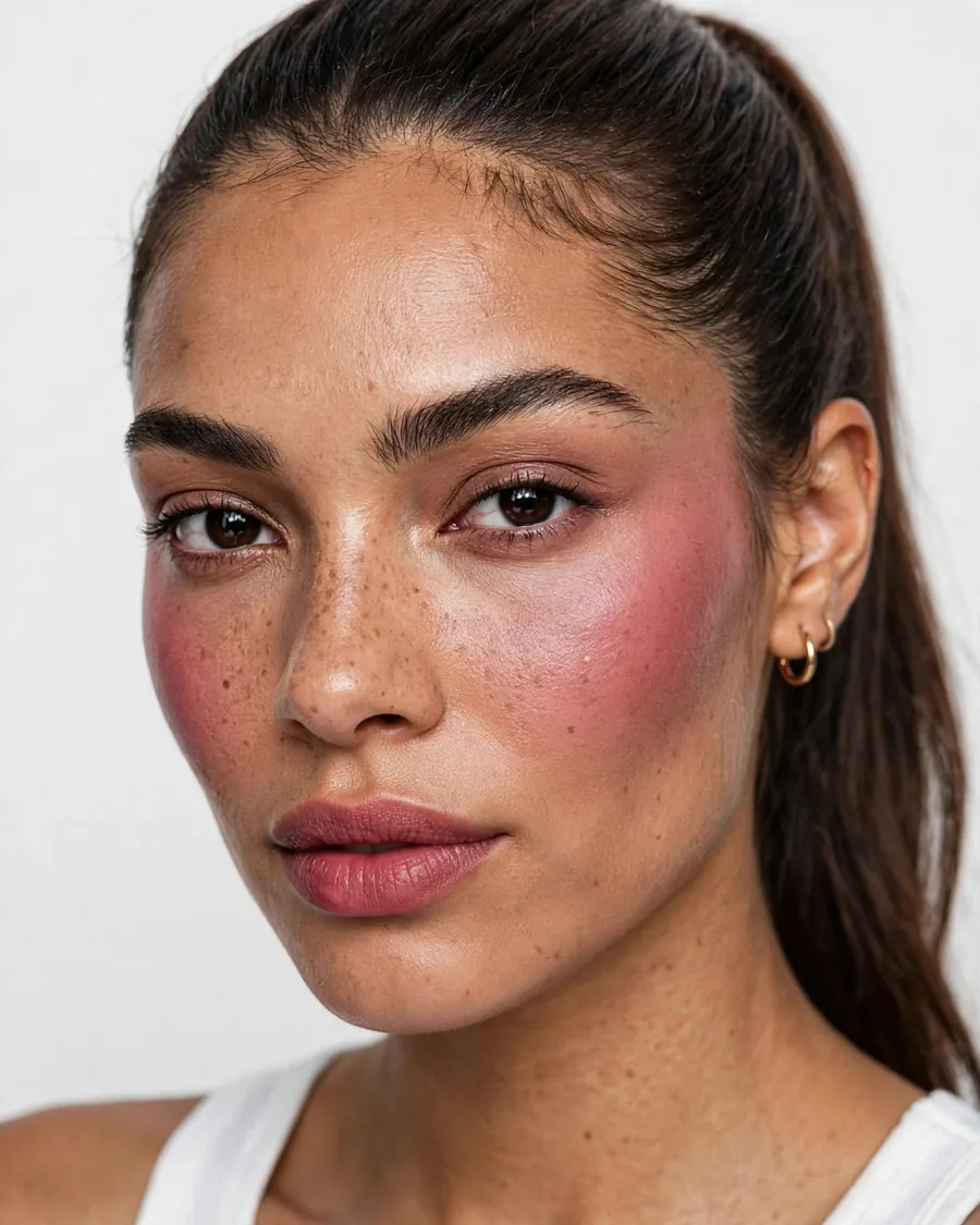 Layered liquid and powder berry blush with dimensional satin finish