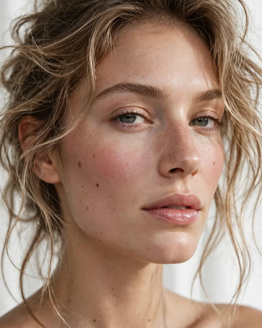 Sheer berry blush wash on bare skin with glossy lips, minimal makeup