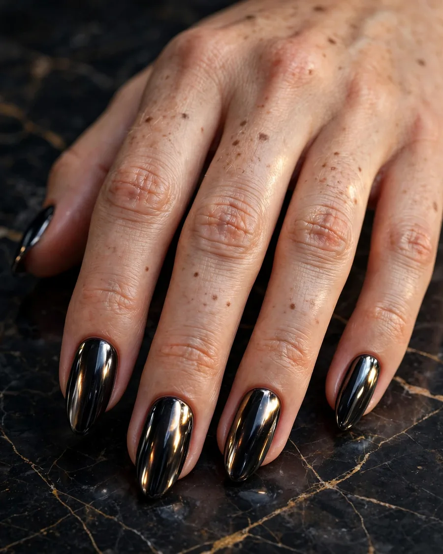 Black chrome glazed nails with liquid-metal shine