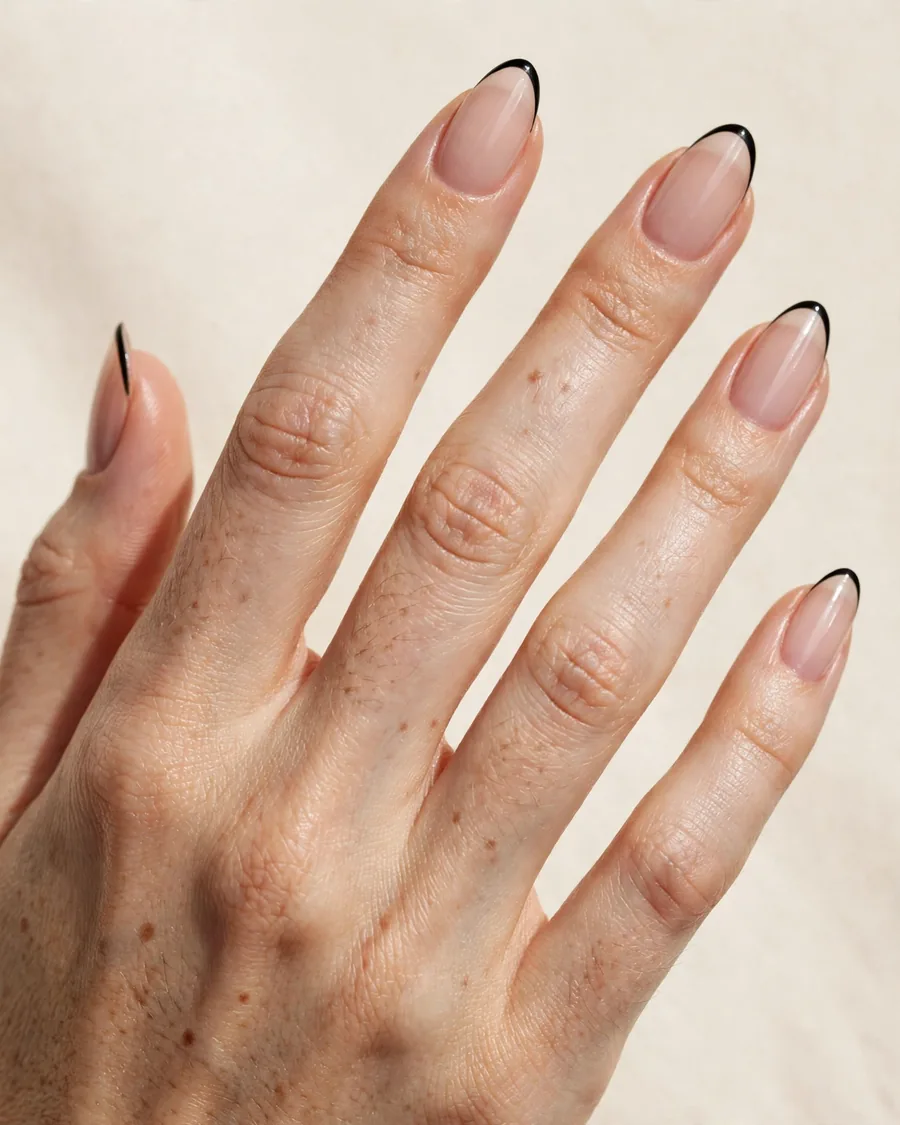 Sheer nude nails with crisp black French tips