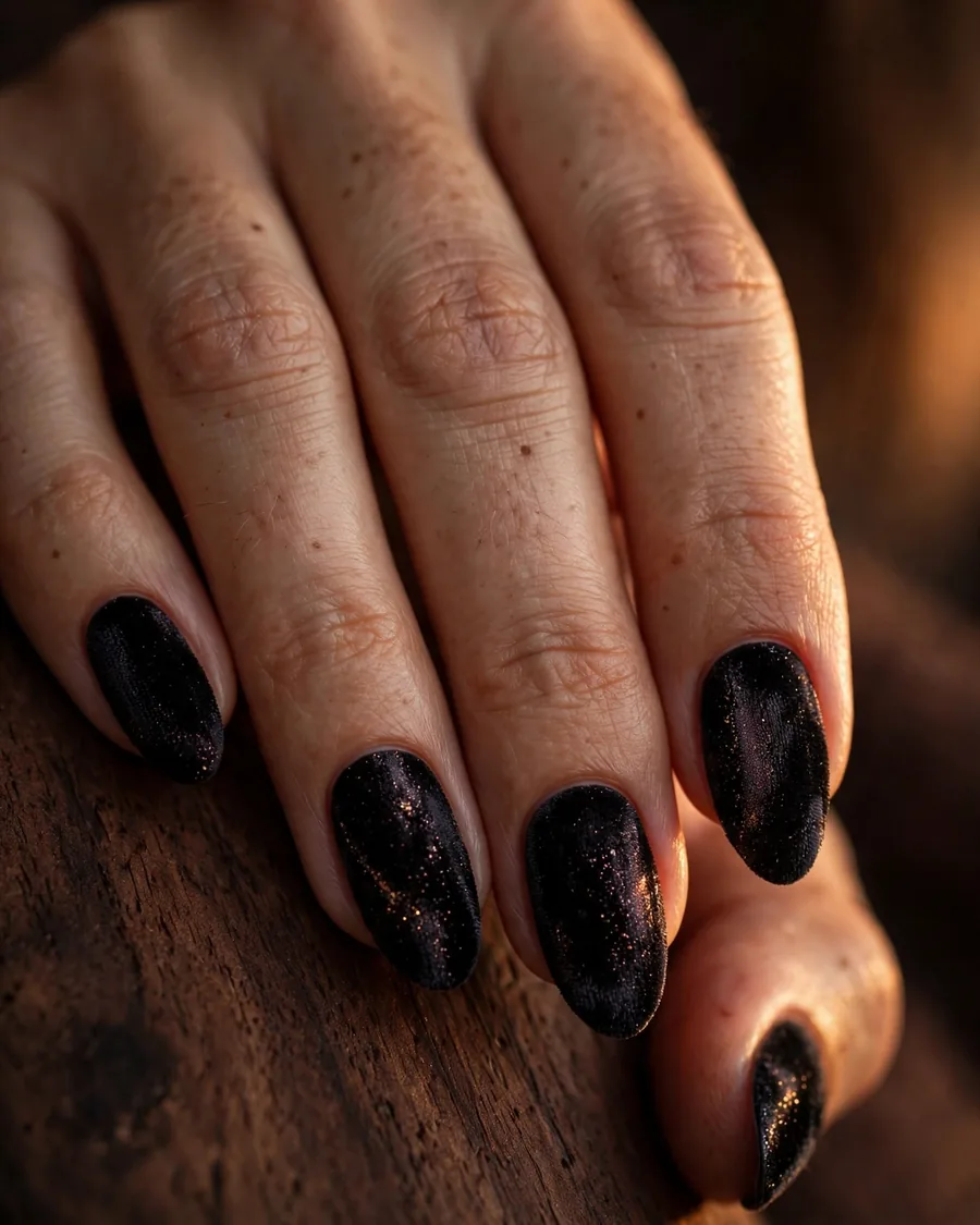 Black velvet magnetic nails with crushed-velvet shimmer