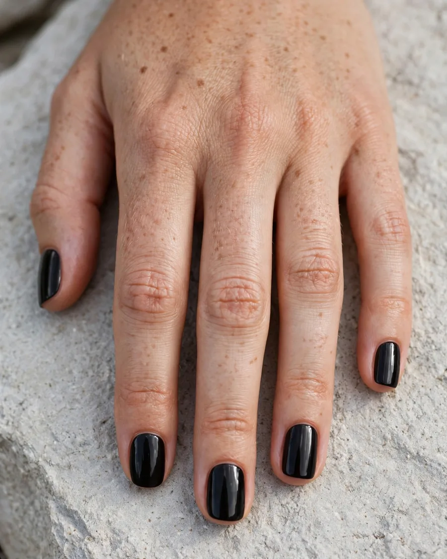 Short squoval onyx black nails, neat and glossy