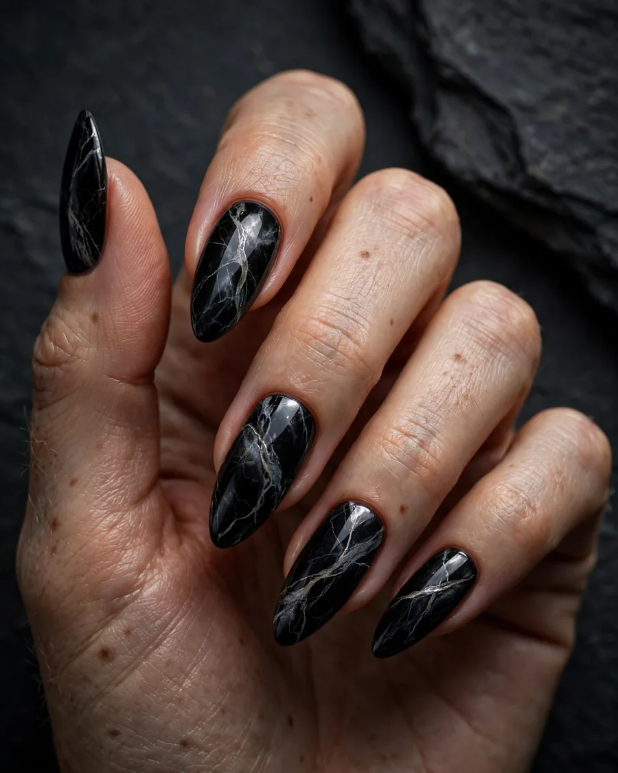 Black marble nails with silver and gray veining