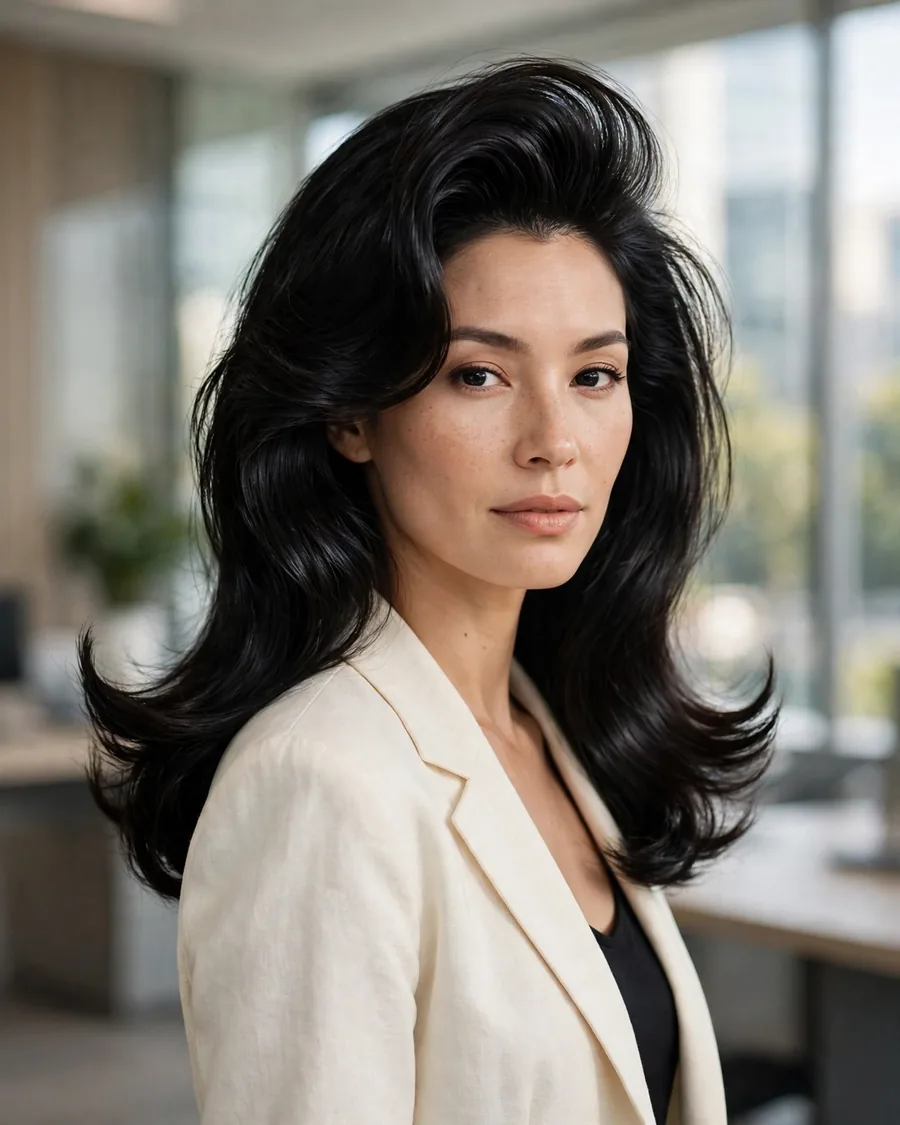 Sleek volume 90s blowout with glossy lifted roots and flipped ends on jet black hair