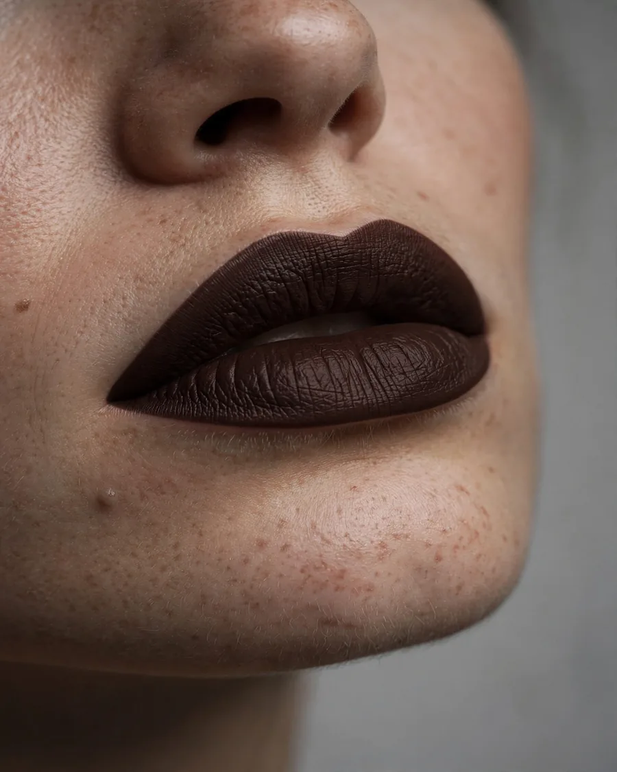 Classic matte chocolate brown lipstick look for fall 2026