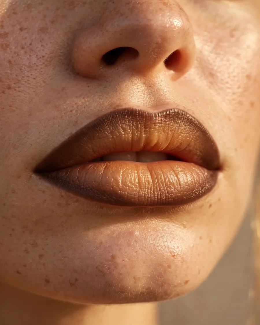 90s style brown lip liner look with nude brown lipstick