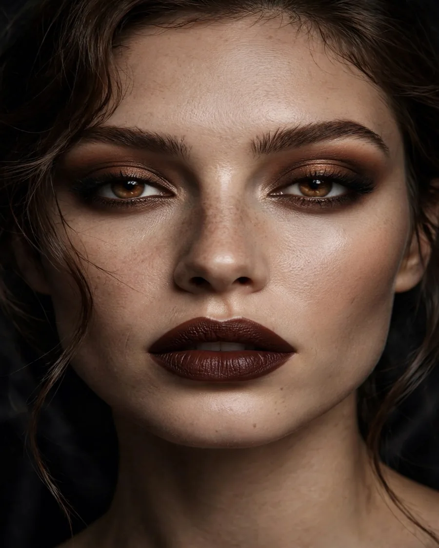 Brown lipstick paired with shimmering gold eyeshadow