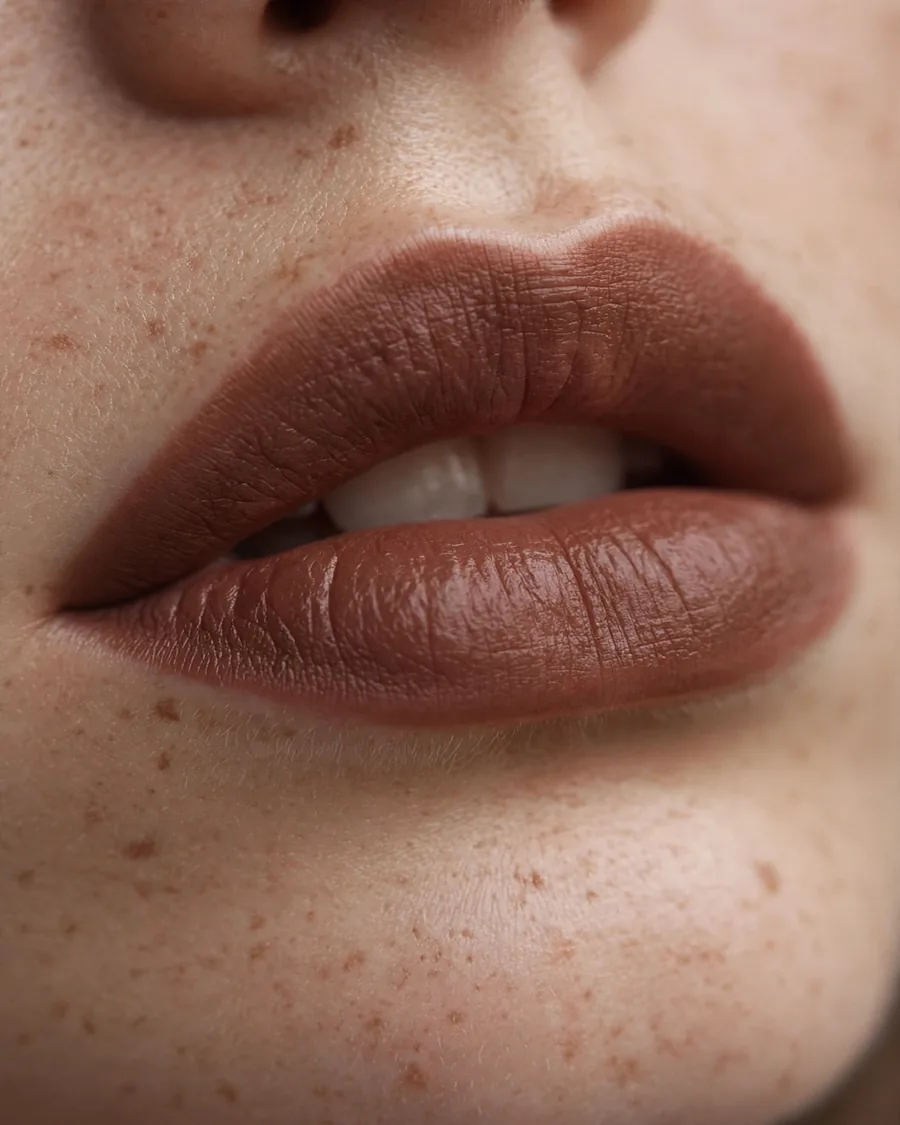 Satin brown lipstick for an elegant evening makeup look