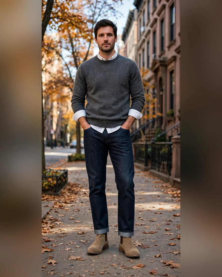 Sand suede Chelsea boots with dark selvedge denim jeans, white oxford shirt and charcoal sweater