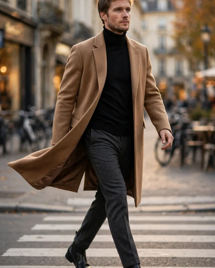 Black leather Chelsea boots with charcoal flannel trousers, black turtleneck and camel wool overcoat
