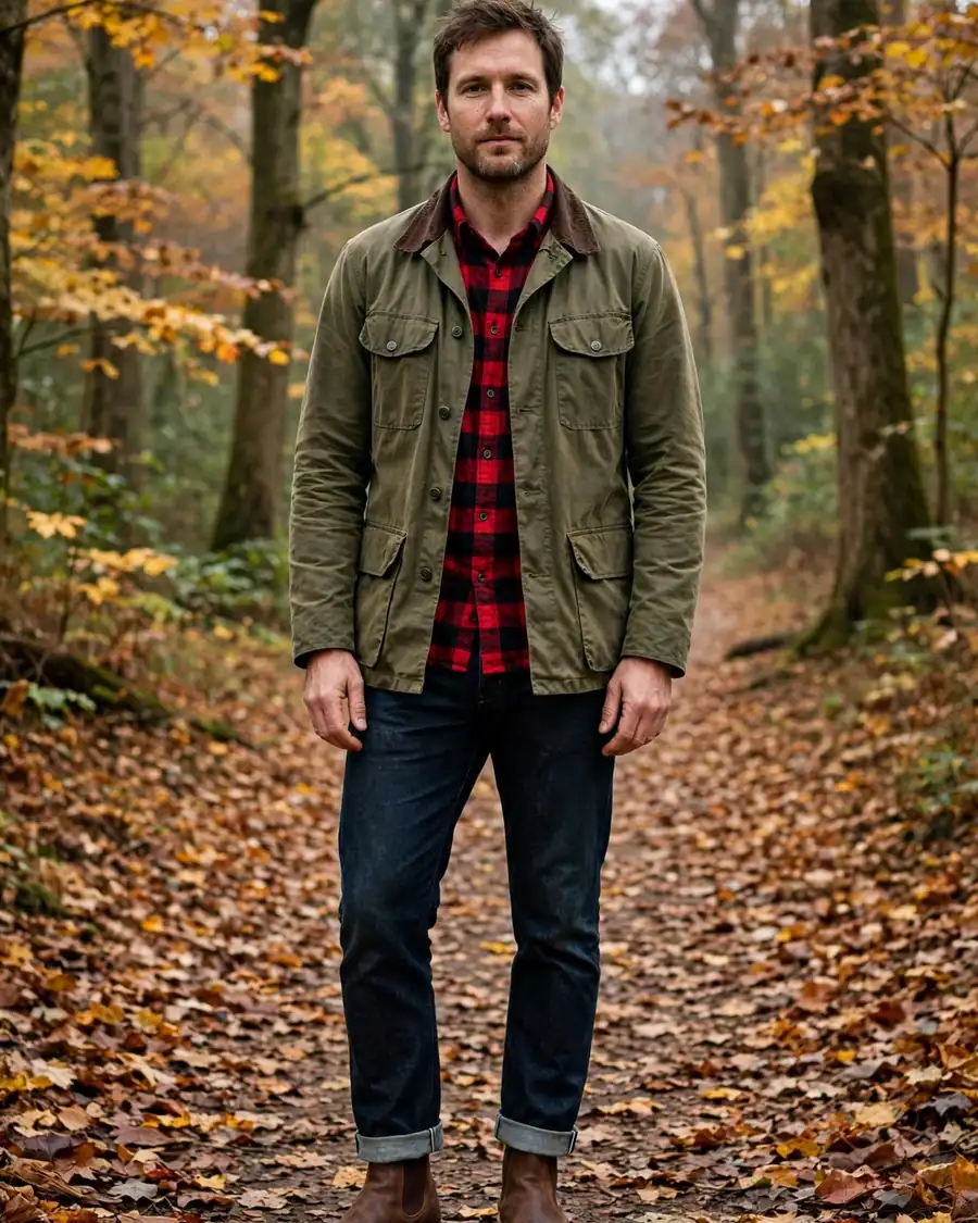 Rugged rustic brown Chelsea boots with waxed field jacket, plaid flannel and cuffed jeans