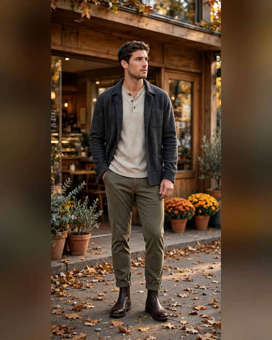 Dark brown leather Chelsea boots with olive chinos, henley and charcoal shacket