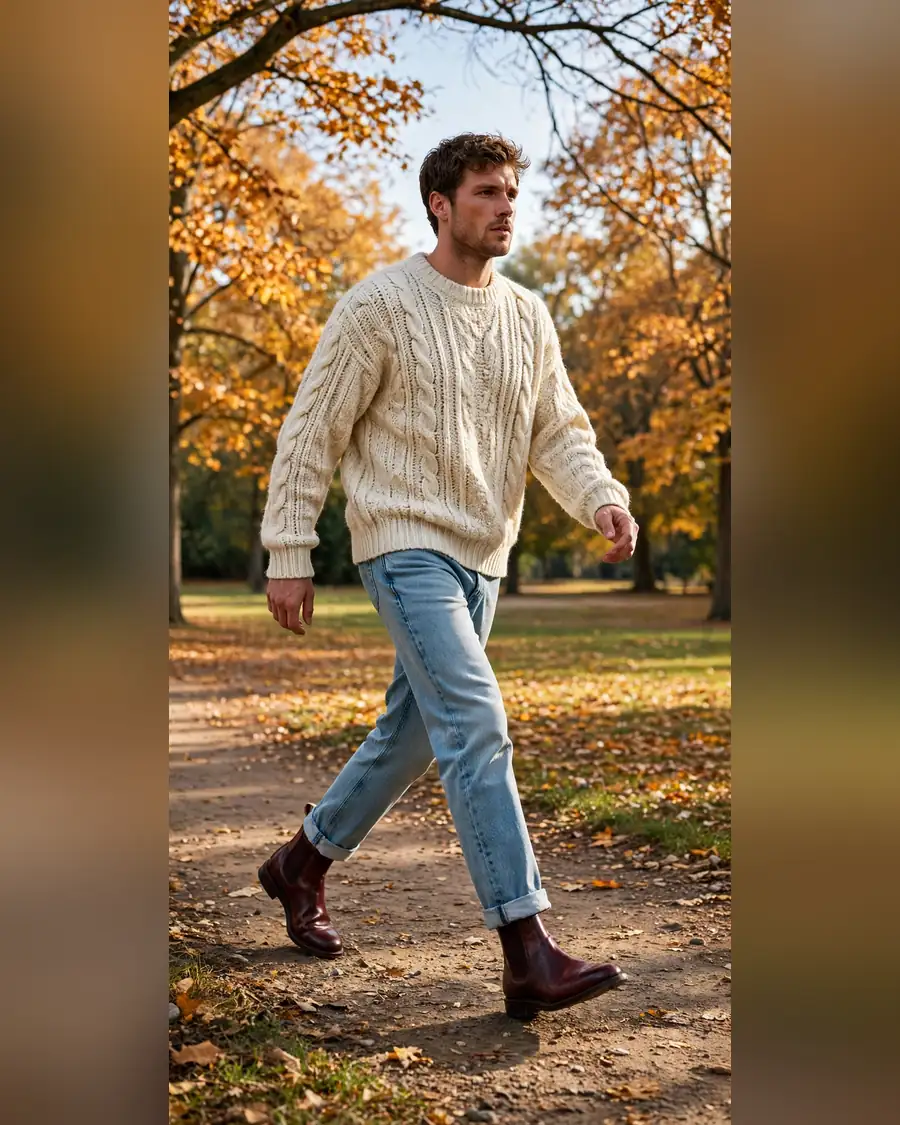 Burgundy oxblood Chelsea boots with light-wash jeans and cream fisherman knit sweater