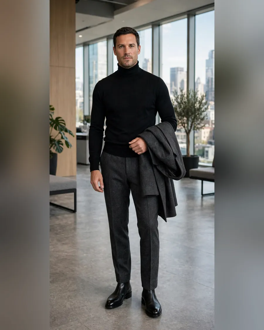Polished black Chelsea boots with charcoal flannel trousers and black turtleneck